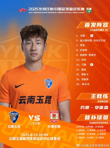 云南玉昆vs长春亚泰 本场赛事  云南玉昆出场名单出炉