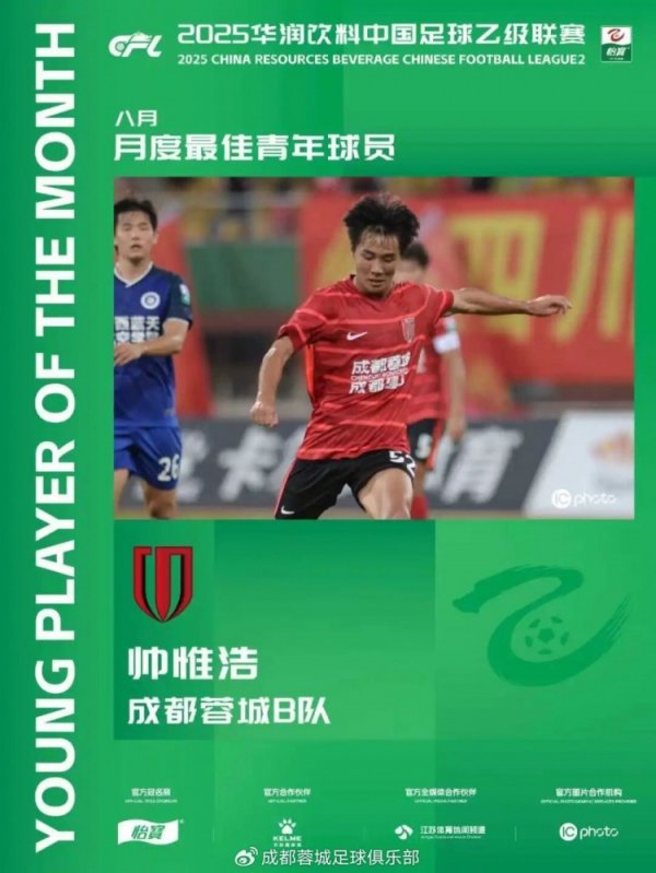 以梦为马！帅惟浩当选中乙职业联赛  8月最佳青年球员